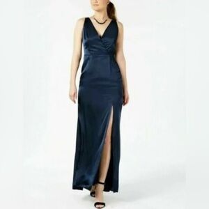 Adrianna Papell Satin V-Neck Gown Midnight Size 8